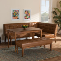 Baxton Studio BBT8051.11-TanWalnut-4PC Dining Nook Set Baxton Studio Sanford Mid-Century Modern Tan Faux Leather Upholstered and Walnut Brown Finished Wood 4-Piece Dining Nook Set